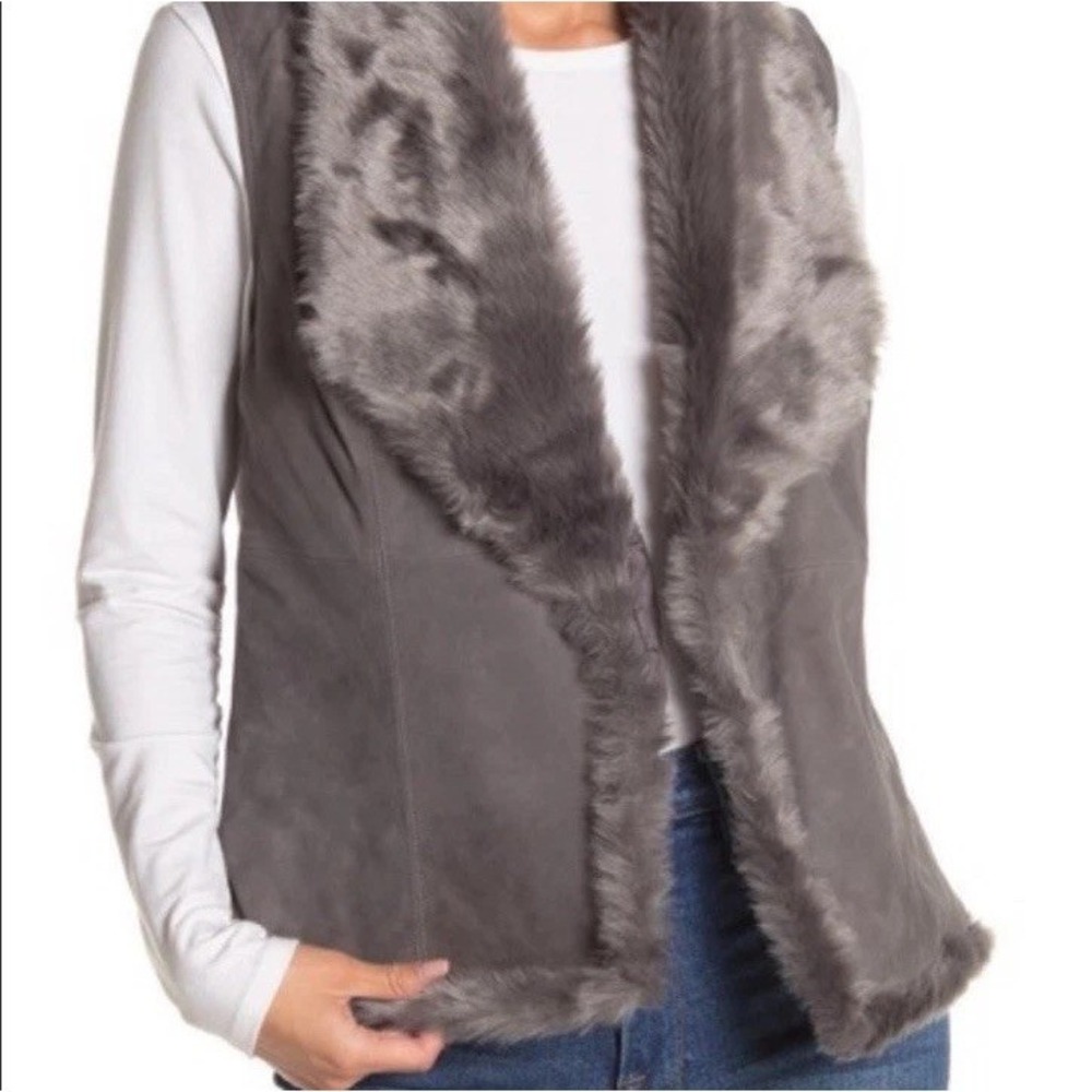 Michael Stars Gray Genuine Goat Suede Faux Fur Trim Open Front Vest S Old Money